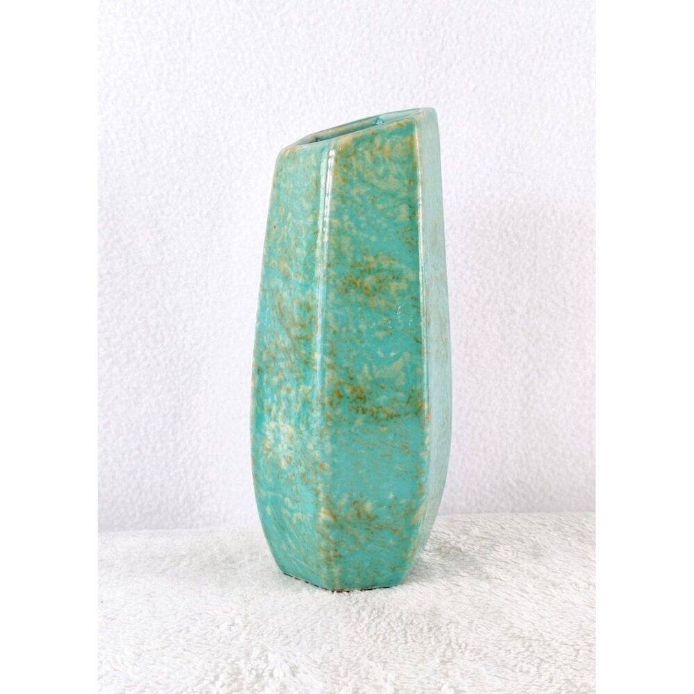 VTG Hexagon Vase 8" Glossy Ceramic Teal Green Gold Sponged Asymmetrical Opening